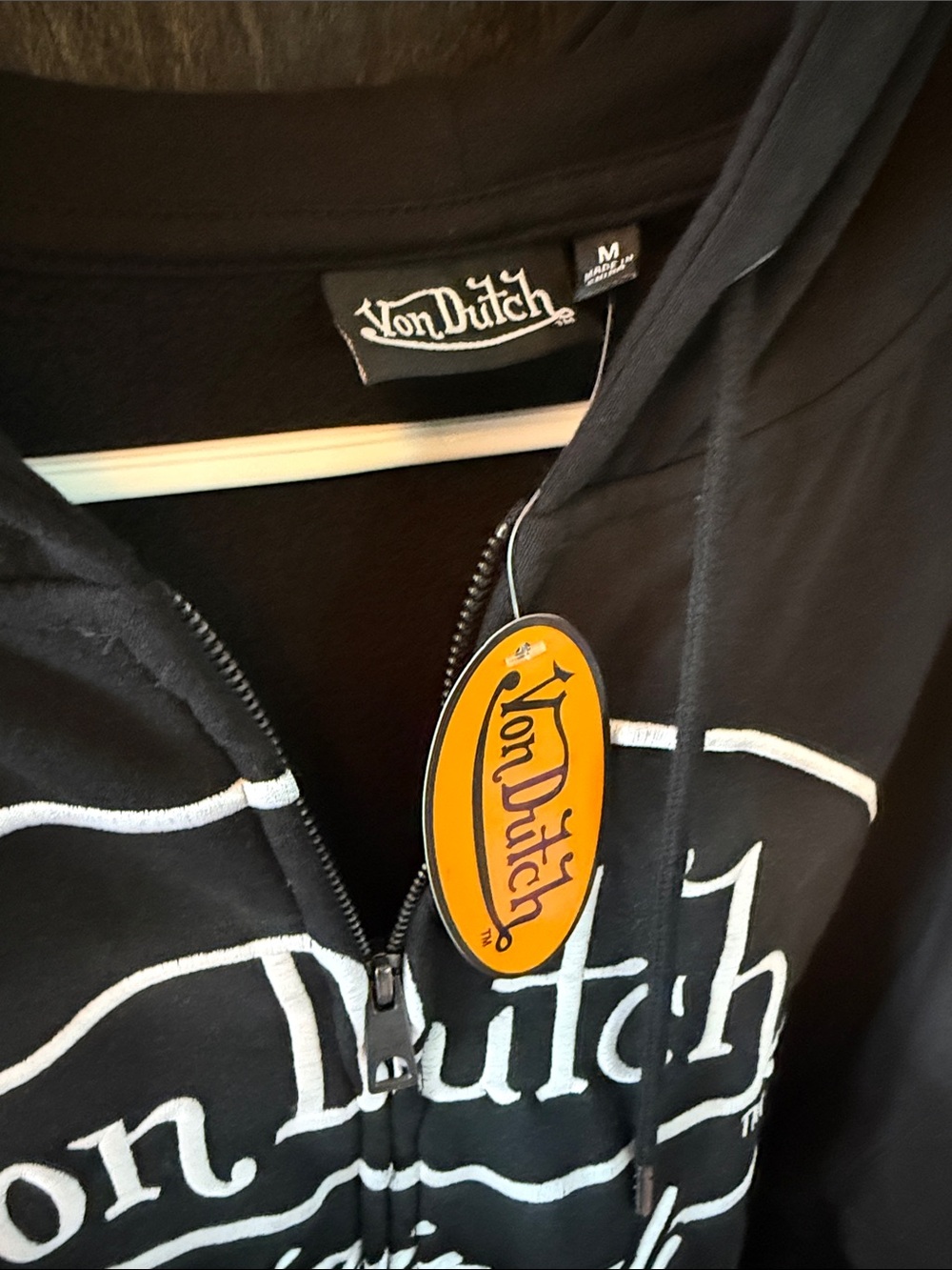 Von Dutch Black Zip Hoodie with White Logo and Red-Orange Sleeve Graphics - Picture 2 of 5